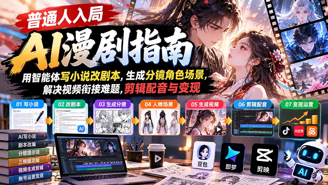 【无水印】普通人入局AI漫剧指南:用智能体写小说改剧本,生成分镜角色场景,解决视频衔接难题,剪辑配音与变现-源创文化
