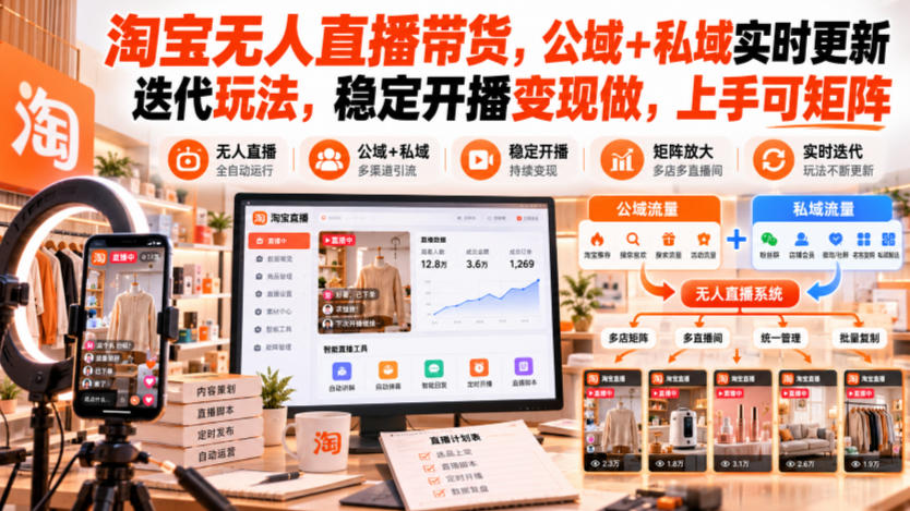 淘宝无人直播带货,公域+私域实时更新迭代玩法,稳定开播变现做,上手可矩阵【揭秘】-源创文化