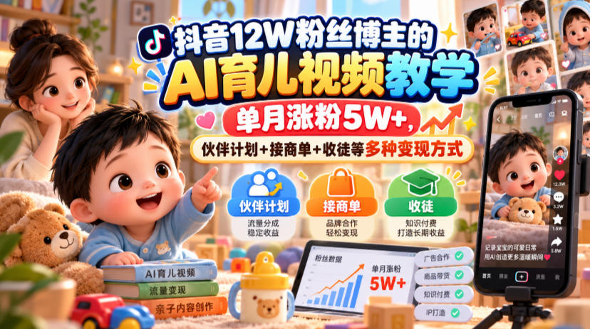 抖音12W粉丝博主的AI育儿视频教学,单月涨粉5W+,伙伴计划+接商单+收徒等多种变现方式-源创文化