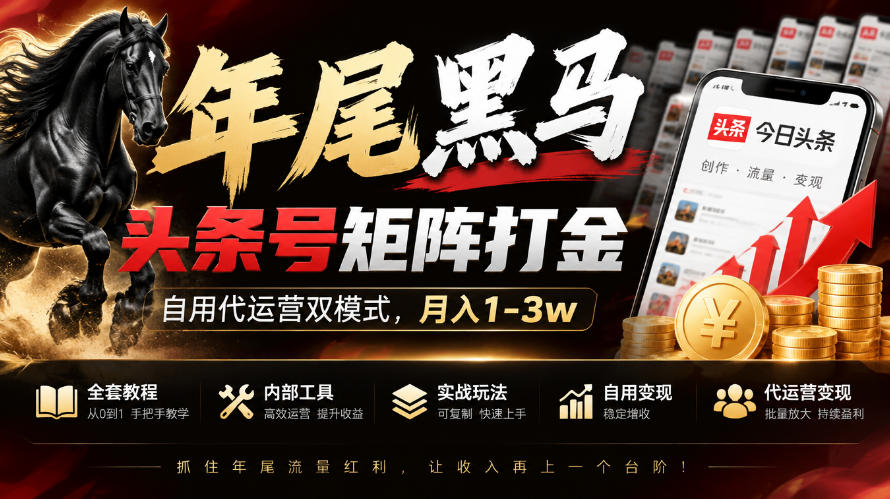 【年尾黑马】头条号矩阵打金,自用代运营双模式,月入1-3w,附全套教程及内部工具【揭秘】-源创文化