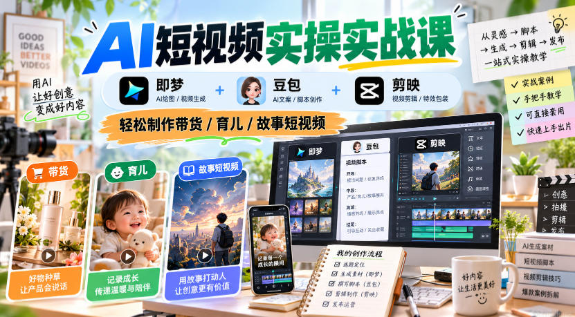 AI短视频实操实战课,即梦+豆包+剪映,轻松制作带货/育儿/故事短视频-源创文化