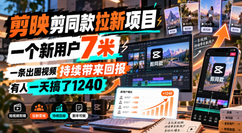 剪映剪同款拉新项目，一个新用户7米，一条出圈视频持续带来回报，有人一天搞了1240-源创文化