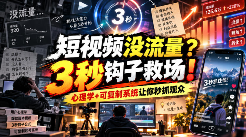 【无水印】短视频没流量?3秒钩子救场!心理学+可复制系统让你秒抓观众【原创双语字幕】-源创文化