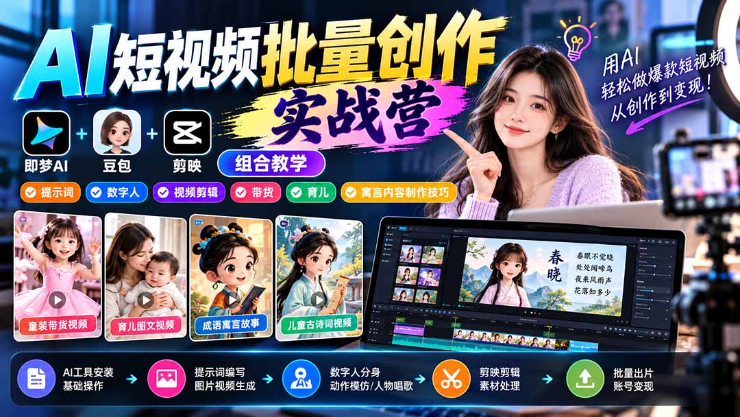 【无水印】AI短视频批量创作实战营:即梦+豆包+剪映组合教学,提示词/数字人/视频剪辑/带货/育儿/寓言内容制作技巧-源创文化