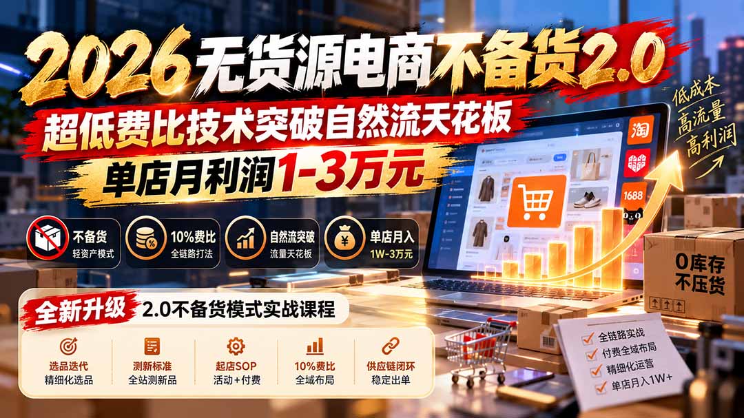 2026无货源电商不备货2.0【更新1019】:超低费比技术突破自然流天花板,单店月利润1-3万元-源创文化