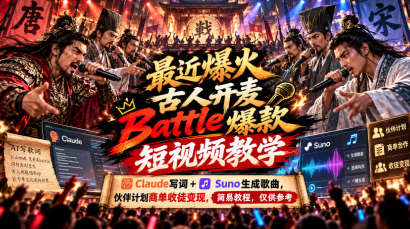 最近爆火古人开麦Battle爆款短视频教学,Claude写词+Suno生成歌曲,伙伴计划商单收徒变现,简易教程,仅供参考-源创文化