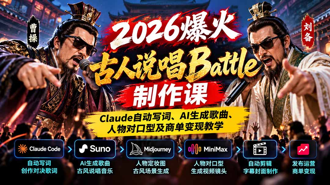 2026爆火古人说唱Battle制作课:Claude自动写词、AI生成歌曲、人物对口型及商单变现教学-源创文化