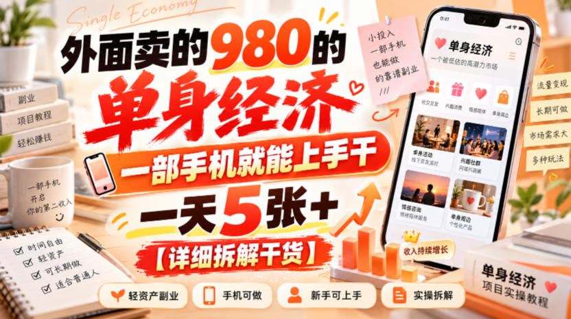 外面卖的980的单身经济，一部手机就能上手干，一天5张+【详细拆解干货】-源创文化