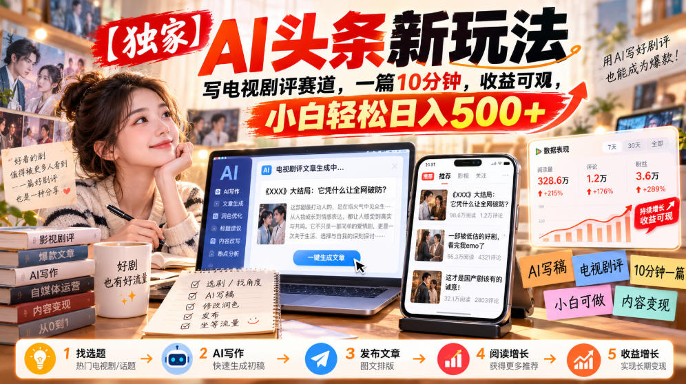 【独家】AI头条新玩法,写电视剧评赛道,一篇10分钟,收益可观,小白轻松日入500+-源创文化