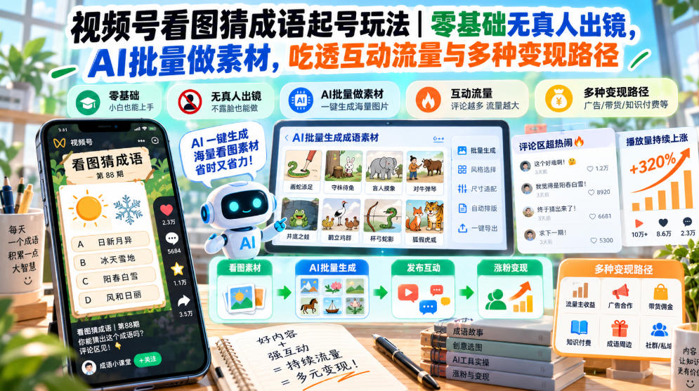 视频号看图猜成语起号玩法|零基础无真人出镜,AI批量做素材,吃透互动流量与多种变现路径-源创文化