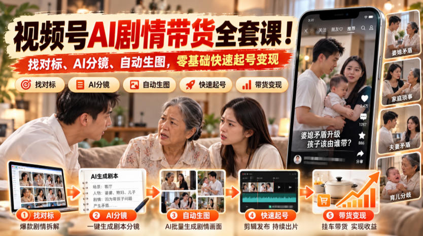 视频号AI剧情带货全套课!找对标、AI分镜、自动生图,零基础快速起号变现-源创文化