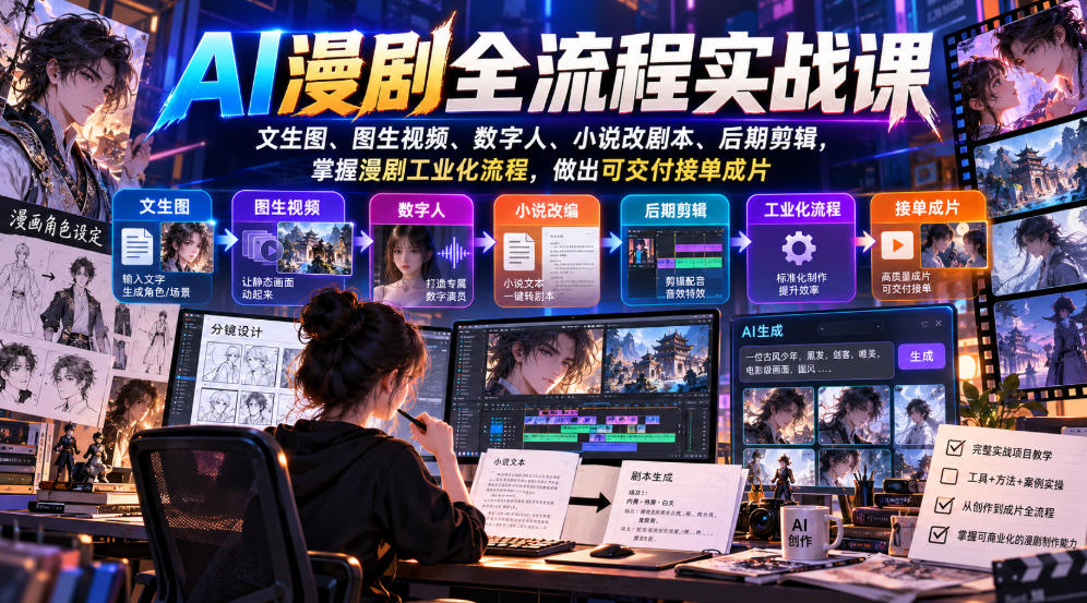 AI漫剧全流程实战课,文生图、图生视频、数字人、小说改剧本、后期剪辑,掌握漫剧工业化流程,做出可交付接单成片-源创文化