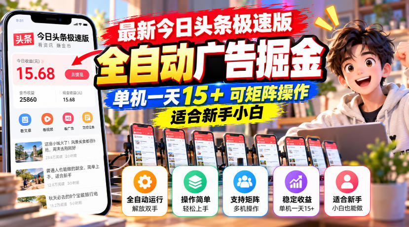 最新今日头条极速版全自动广告掘金，单机一天15+可矩阵操作适合新手小白-源创文化