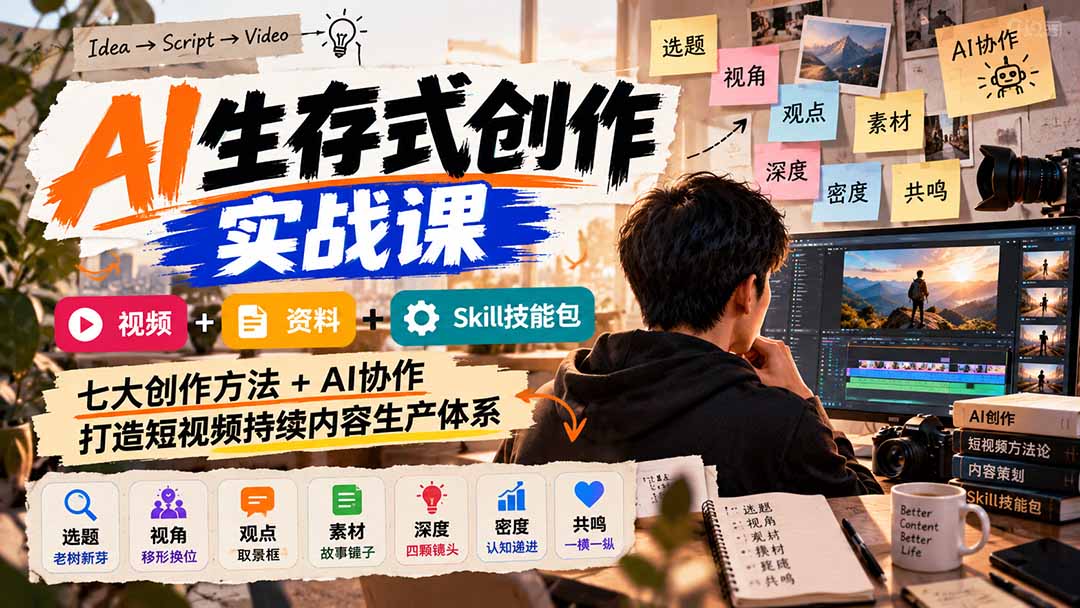 AI生存式创作实战课：视频+资料+Skill技能包，七大创作方法+AI协作，打造短视频持续内容生产体系-源创文化