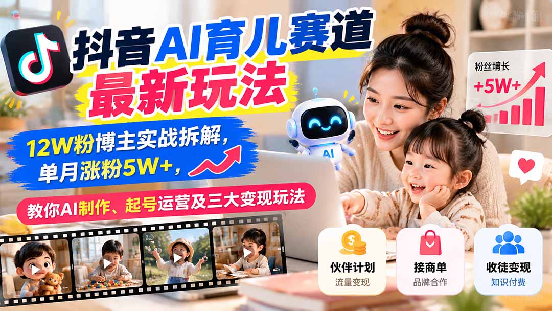 抖音AI育儿赛道最新玩法：12W粉博主实战拆解，单月涨粉5W+，教你AI制作、起号运营及三大变现玩法-源创文化