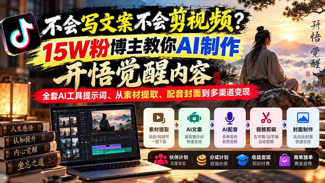 不会写文案不会剪视频?15W粉博主教你AI制作开悟觉醒内容,全套AI工具提示词、从素材提取、配音封面到多渠道变现-源创文化