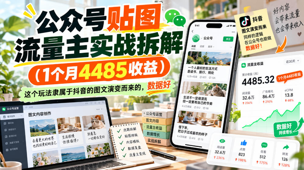 公众号贴图流量主实战拆解(1个月4485收益),这个玩法隶属于抖音的图文演变而来的,数据好-源创文化