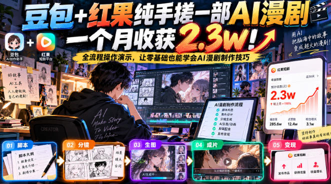 豆包+红果纯手搓一部AI漫剧一个月收获2.3w!全流程操作演示,让零基础也能学会AI漫剧制作技巧-源创文化