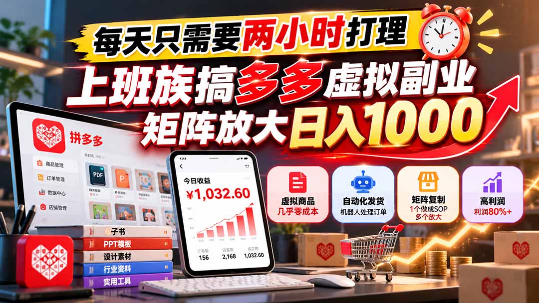 每天只需要两小时打理,上班族搞多多虚拟副业,矩阵放大日入 1000-源创文化