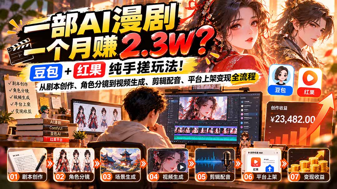 一部AI漫剧一个月赚2.3W?豆包+红果纯手搓玩法!从剧本创作、角色分镜到视频生成、剪辑配音、平台上架变现全流程-源创文化