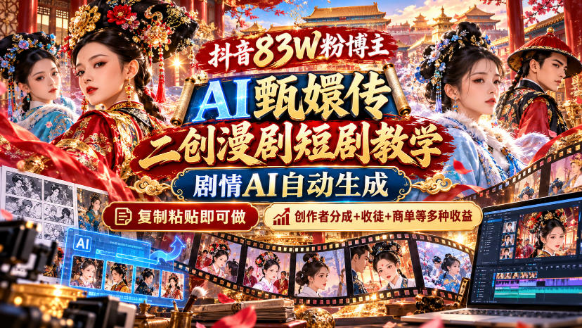 抖音83W粉博主AI甄嬛传二创漫剧短剧教学｜剧情AI自动生成，复制粘贴即可做，各大平台创作者分成+收徒等多种收益-源创文化