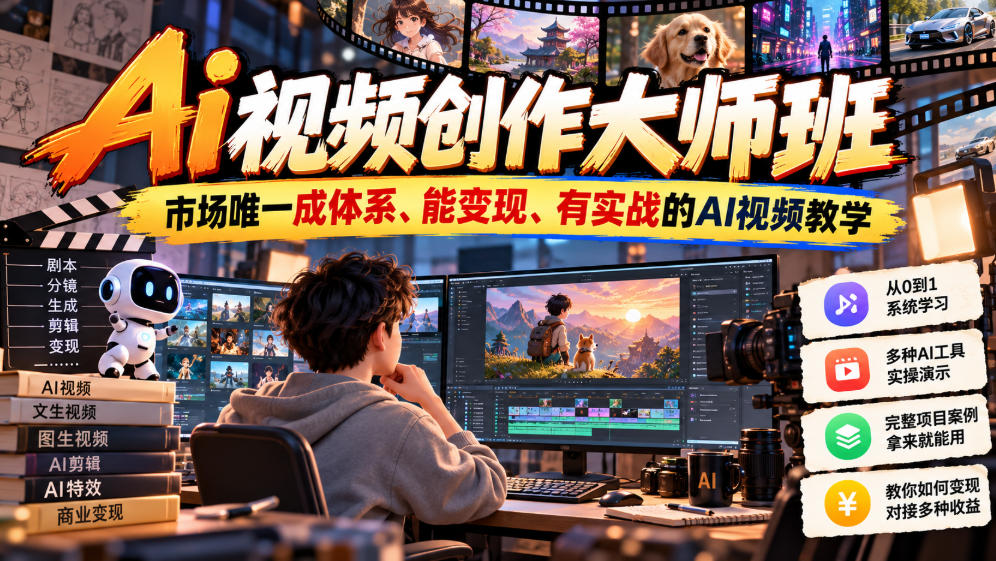 Ai视频创作大师班,市场唯一成体系、能变现、有实战的AI视频教学(更新2026)-源创文化