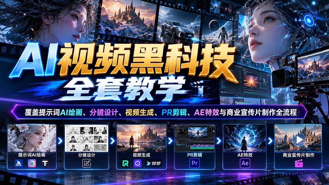 AI视频黑科技全套教学:覆盖提示词AI绘画、分镜设计、视频生成、PR剪辑、AE特效与商业宣传片制作全流程-源创文化