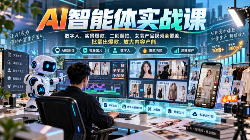 AI智能体实战课，数字人、实景爆款、二创翻拍、女装产品视频全覆盖，批量出爆款，放大内容产能-源创文化