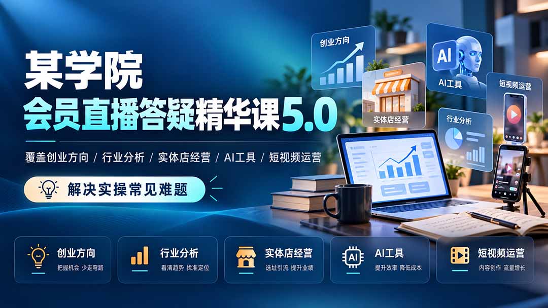 某学院会员直播答疑精华课5.0：覆盖创业方向、行业分析、实体店经营、AI工具和短视频运营，解决实操常见难题！-源创文化
