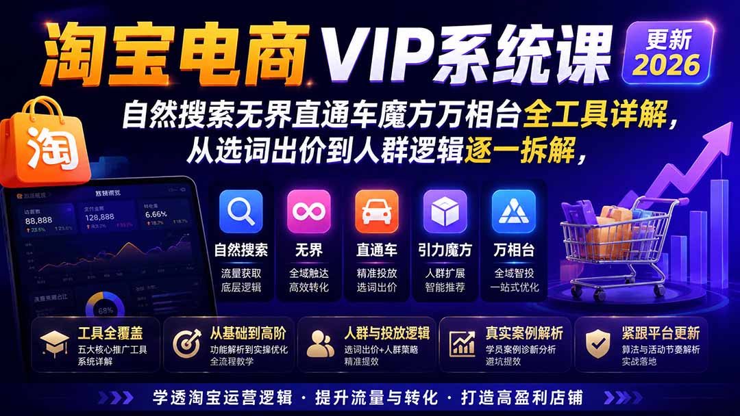 2026淘宝电商终局之战VIP课-更新1022:自然搜索+直通车+无界+精准人群,系统掌握测款动销与全店推广布局方法-源创文化