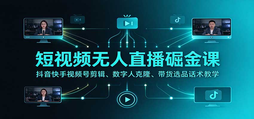 短视频无人直播掘金课:抖音快手视频号剪辑、数字人克隆、带货选品话术教学-源创文化