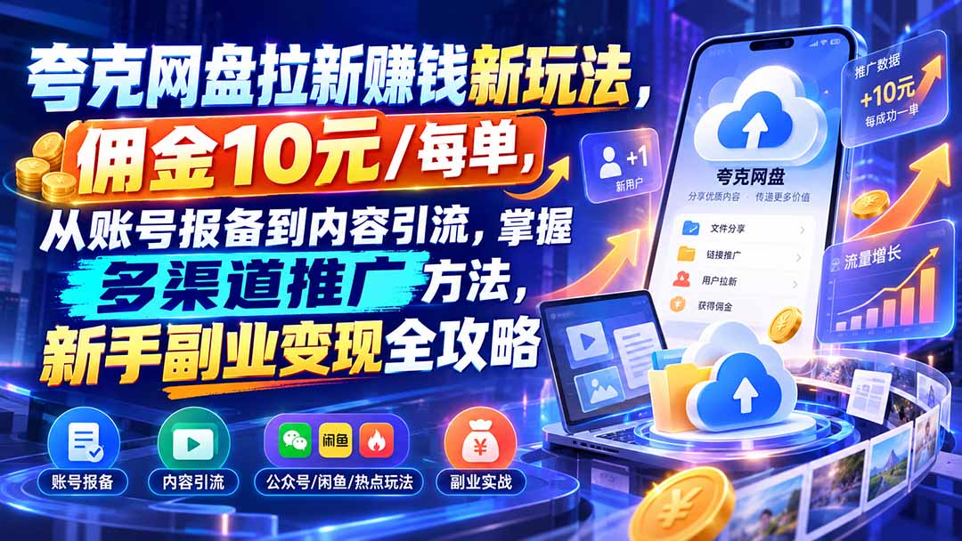 夸克网盘拉新赚钱新玩法，佣金10元/每单，从账号报备到内容引流，掌握多渠道推广方法，新手副业变现全攻略-源创文化