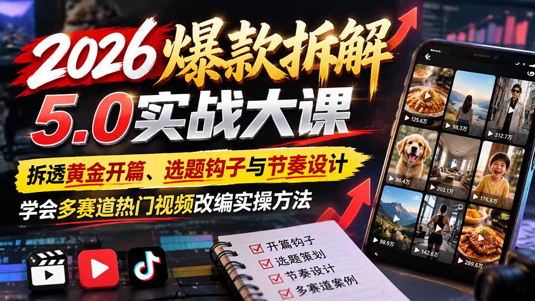 2026爆款拆解5.0实战大课:拆透黄金开篇、选题钩子与节奏设计,学会多赛道热门视频改编实操方法-源创文化