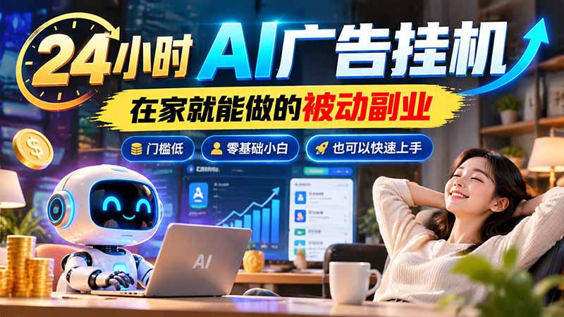 24小时AI广告挂机｜在家就能做的被动副业，门槛低，零基础小白也可以快速上手-源创文化