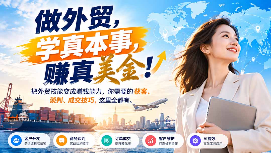 做外贸,学真本事,赚真美金!把外贸技能变成赚钱能力,你需要的获客、谈判、成交技巧,这里全都有-源创文化