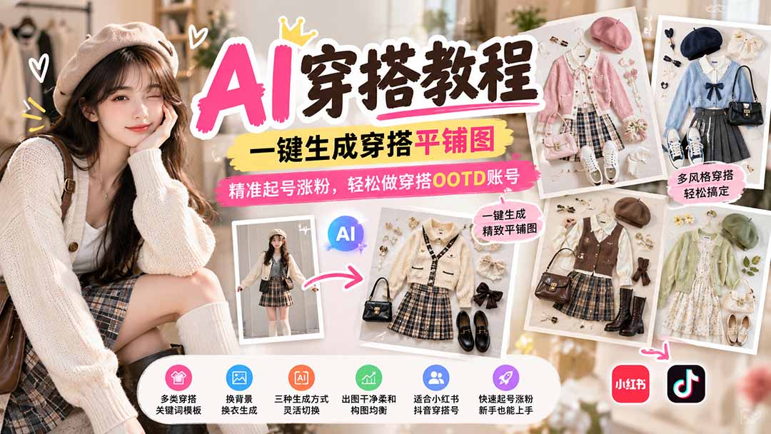 【无水印】AI穿搭教程｜一键生成穿搭平铺图，精准起号涨粉，轻松做穿搭OOTD账号-源创文化