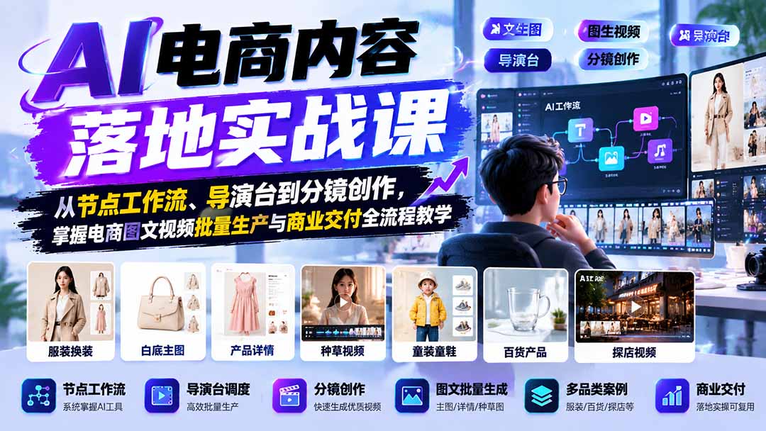 AI电商内容落地实战课：从节点工作流、导演台到分镜创作，掌握电商图文视频批量生产与商业交付全流程教学-源创文化