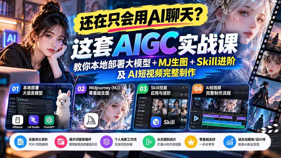 【无水印】还在只会用AI聊天？这套AIGC实战课教你本地部署大模型+MJ生图+Skill进阶及AI短视频完整制作-源创文化