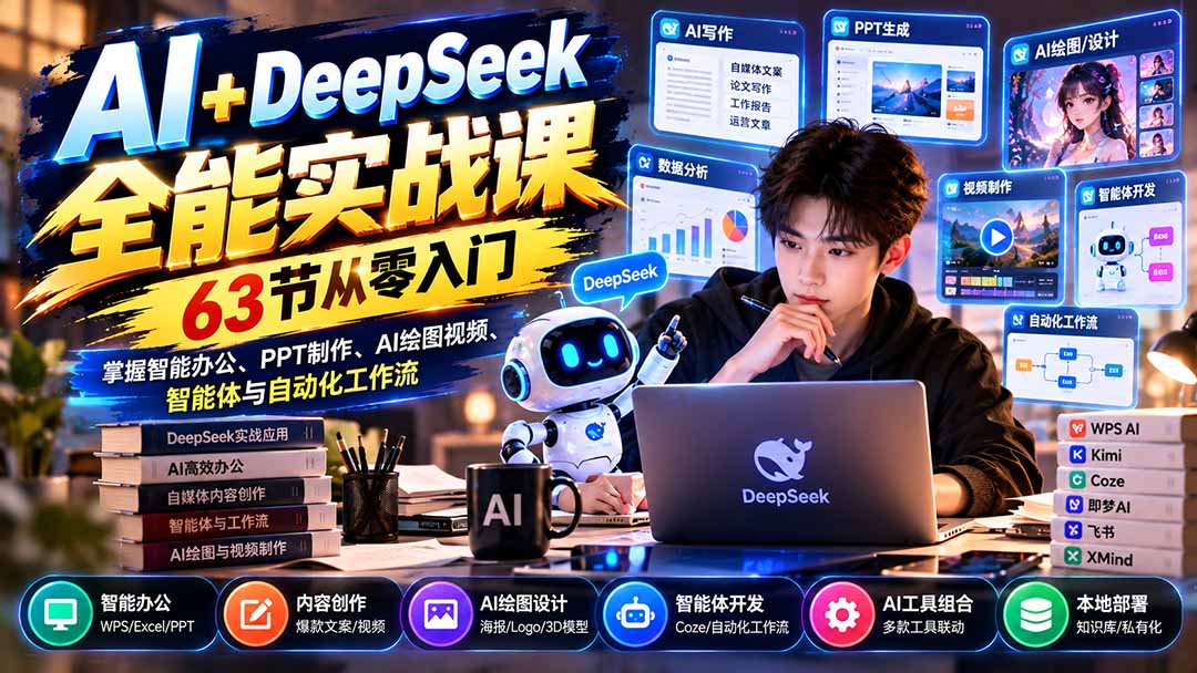 AI+DeepSeek全能实战课：63节从零入门，掌握智能办公、PPT制作、AI绘图视频、智能体与自动化工作流-源创文化