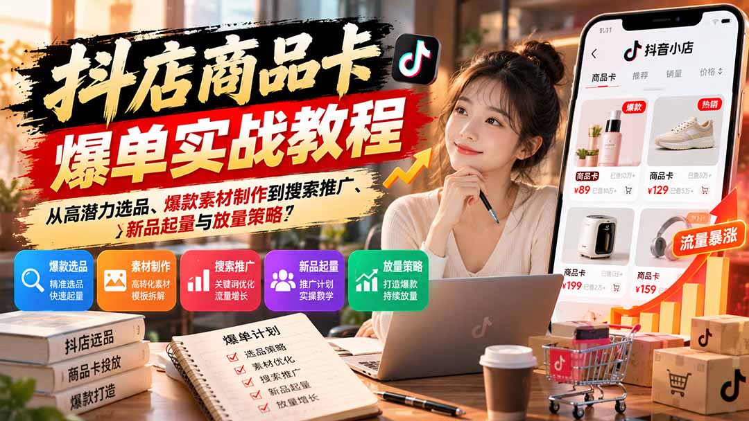 抖店商品卡爆单实战教程：从高潜力选品、爆款素材制作到搜索推广、新品起量与放量策略-源创文化