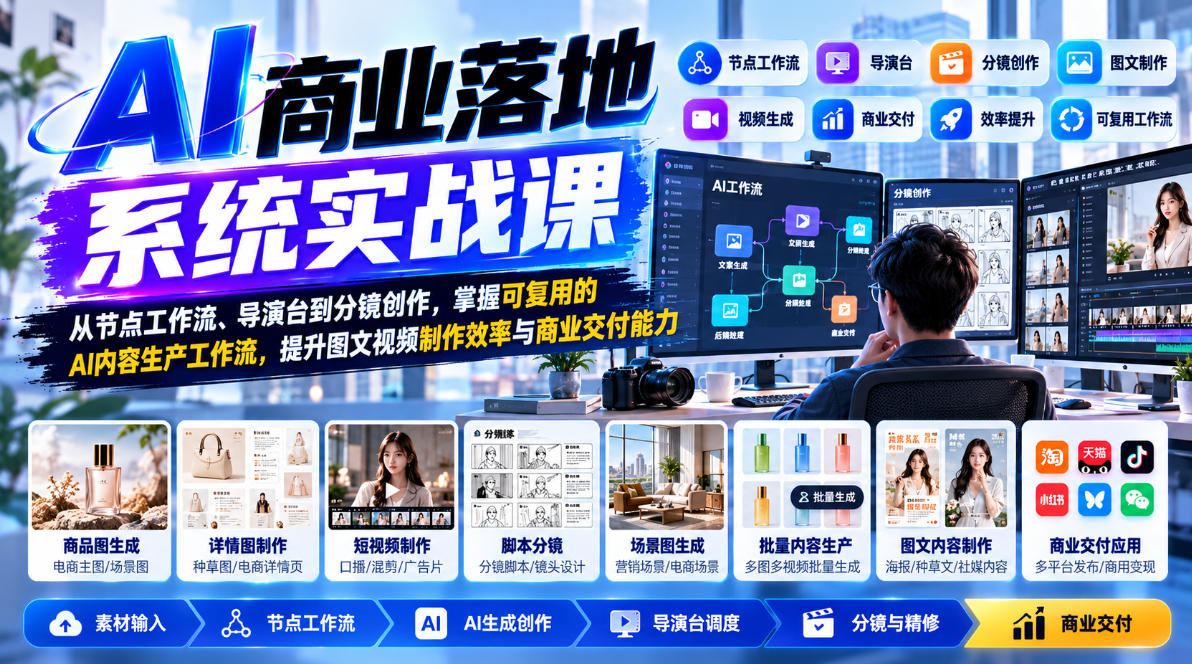 【无水印】AI商业落地系统实战课,从节点工作流、导演台到分镜创作,掌握可复用的AI内容生产工作流,提升图文视频制作效率与商业交付能力-源创文化