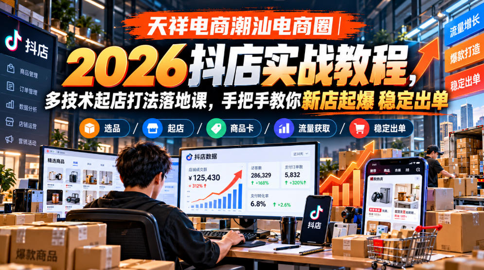 天祥电商潮汕电商圈|2026抖店实战教程,多技术起店打法落地课,手把手教你新店起爆稳定出单-源创文化
