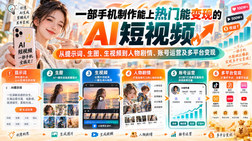 【无水印】一部手机制作能上热门能变现的AI短视频,从提示词、生图、生视频到人物剧情、账号运营及多平台变现(更新)-源创文化