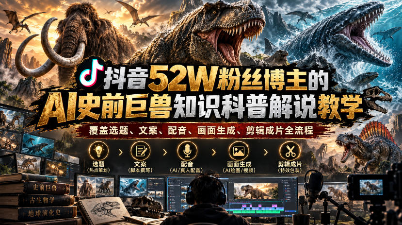 抖音52W粉丝博主的AI史前巨兽知识科普解说教学,覆盖选题、文案、配音、画面生成、剪辑成片全流程-源创文化