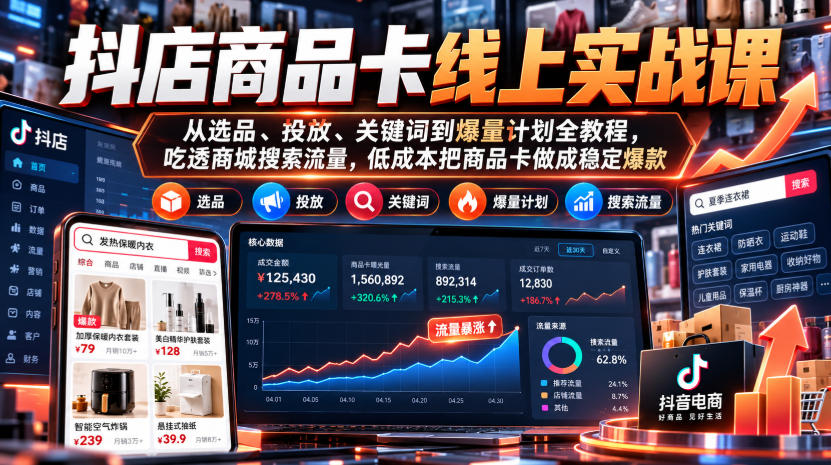 抖店商品卡线上实战课|从选品、投放、关键词到爆量计划全教程,吃透商城搜索流量,低成本把商品卡做成稳定爆款-源创文化