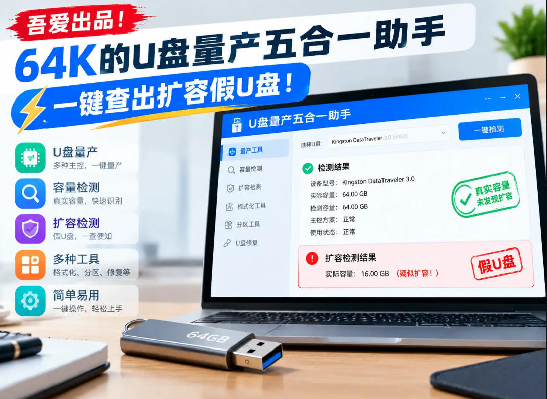 吾爱出品！64K的U盘量产五合一助手，一键查出扩容假U盘！-源创文化