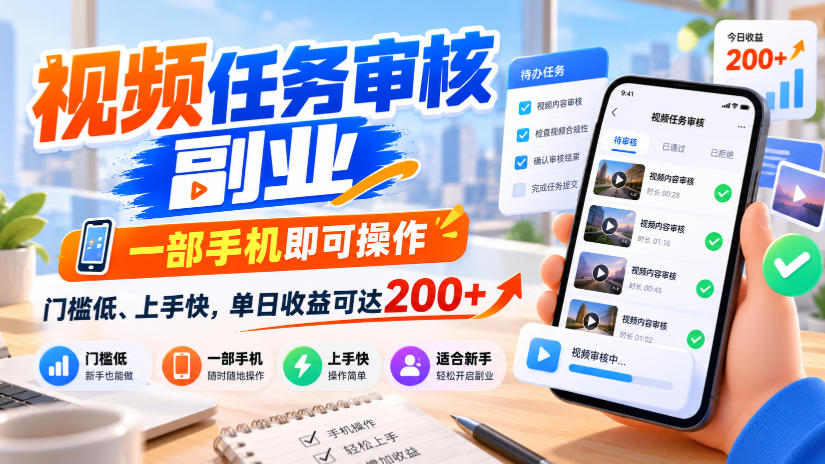 视频任务审核副业，一部手机即可操作，门槛低、上手快，单日收益可达200+【揭秘】-源创文化