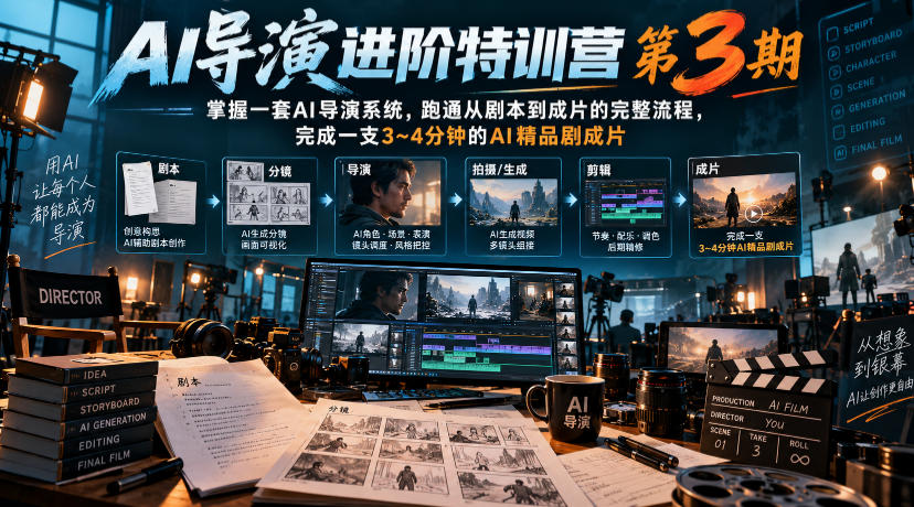 AI导演进阶特训营第3期,掌握一套AI导演系统,跑通从剧本到成片的完整流程,完成一支3~4分钟的AI精品剧成片(附1、2期)-源创文化