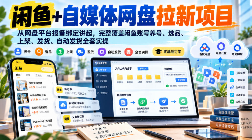 闲鱼+自媒体网盘拉新项目,从网盘平台报备绑定讲起,完整覆盖闲鱼账号养号、选品、上架、发货、自动发货全套实操-源创文化