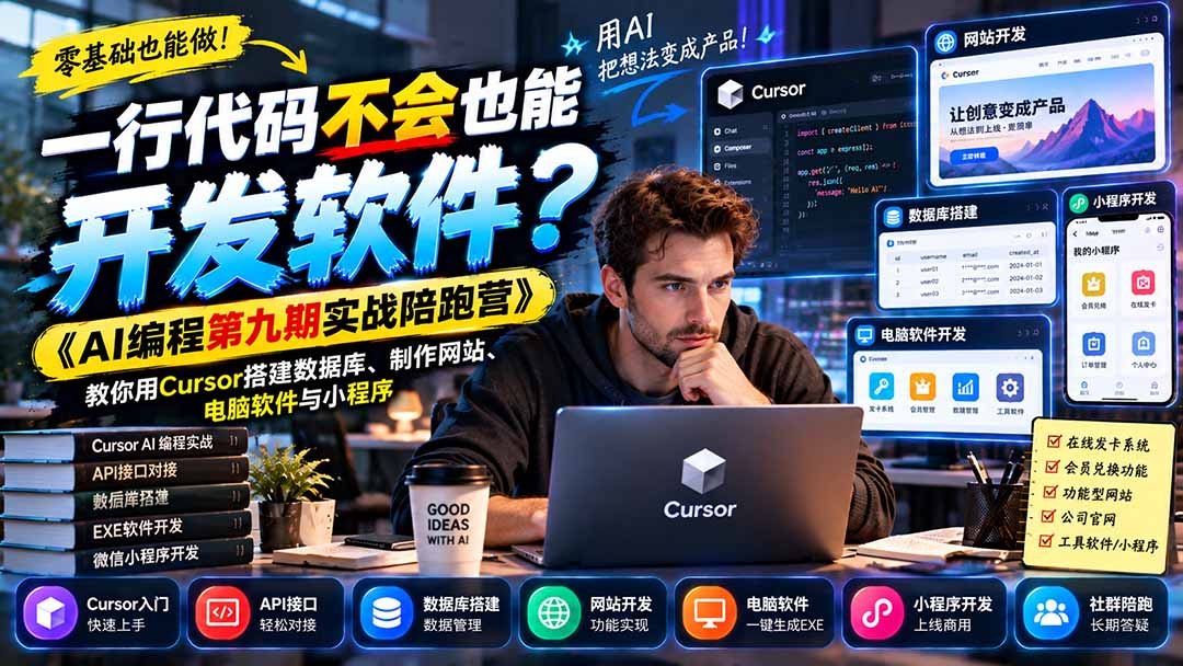 一行代码不会也能开发软件？《AI编程第九期实战陪跑营》教你用Cursor搭建数据库、制作网站、电脑软件与小程序-源创文化